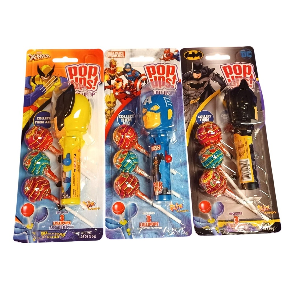 NEW 3 Marvel DC Wolverine Captain America Batman Flix Pop‎ Ups Lollipop Holder